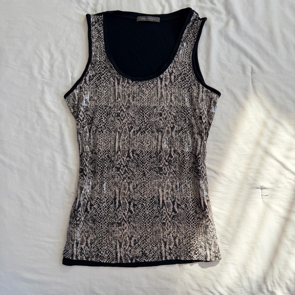 Suzy Shier Black & Beige Snake-Print Sequin Tank